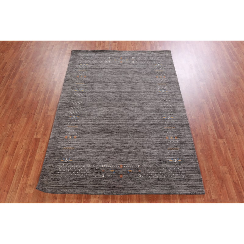 Hand Knotted Oriental 100% Wool Carpet Tribal Stripe Greys & Charcoal Gabbeh Area Rug - 7' 11'' X 5' 7''