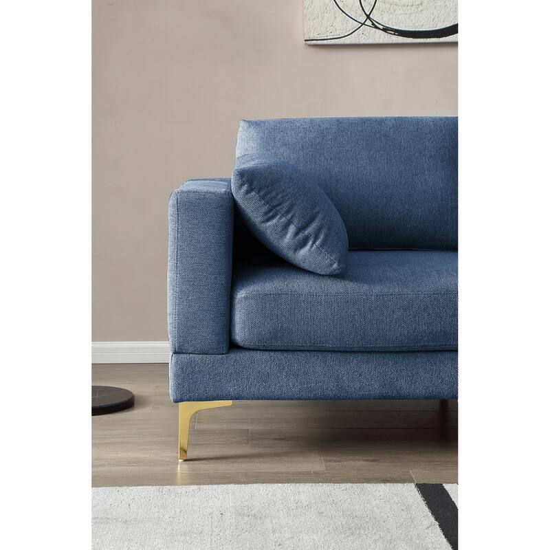 92'' Modern Turquoise L-Shaped 3 Seat Sofa with Ottoman, 2 Pillows, Gold Metal Legs, and Polyester Upholstery