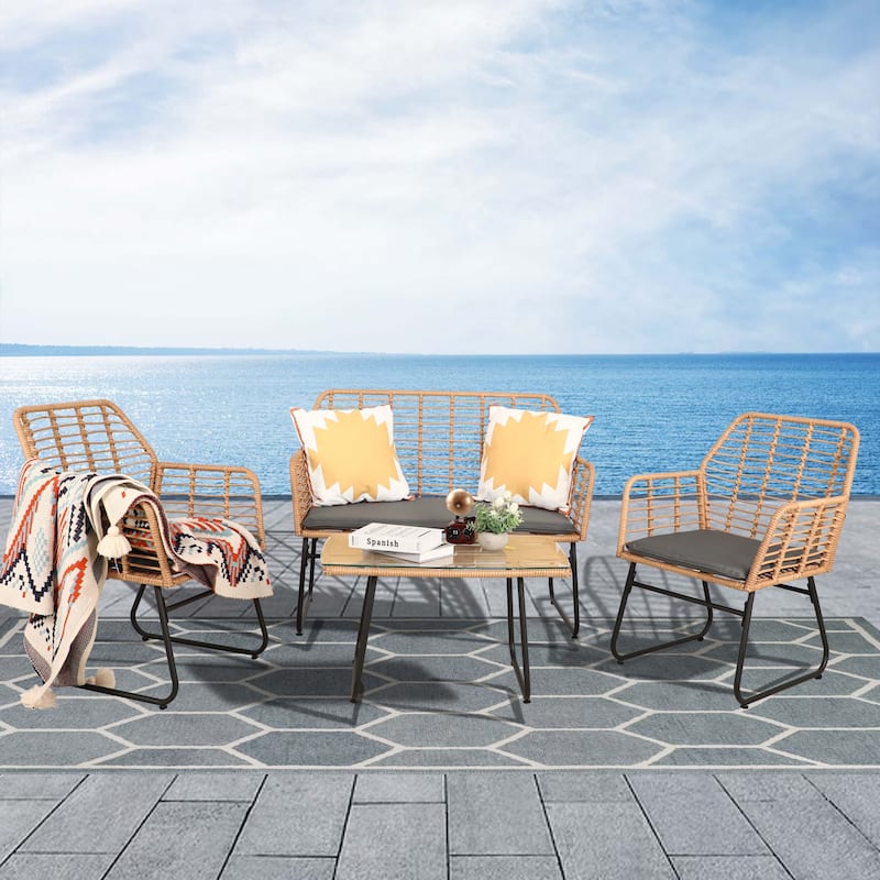 Vrakae 4 Piece Outdoor Patio Rattan Wicker Conversation Set
