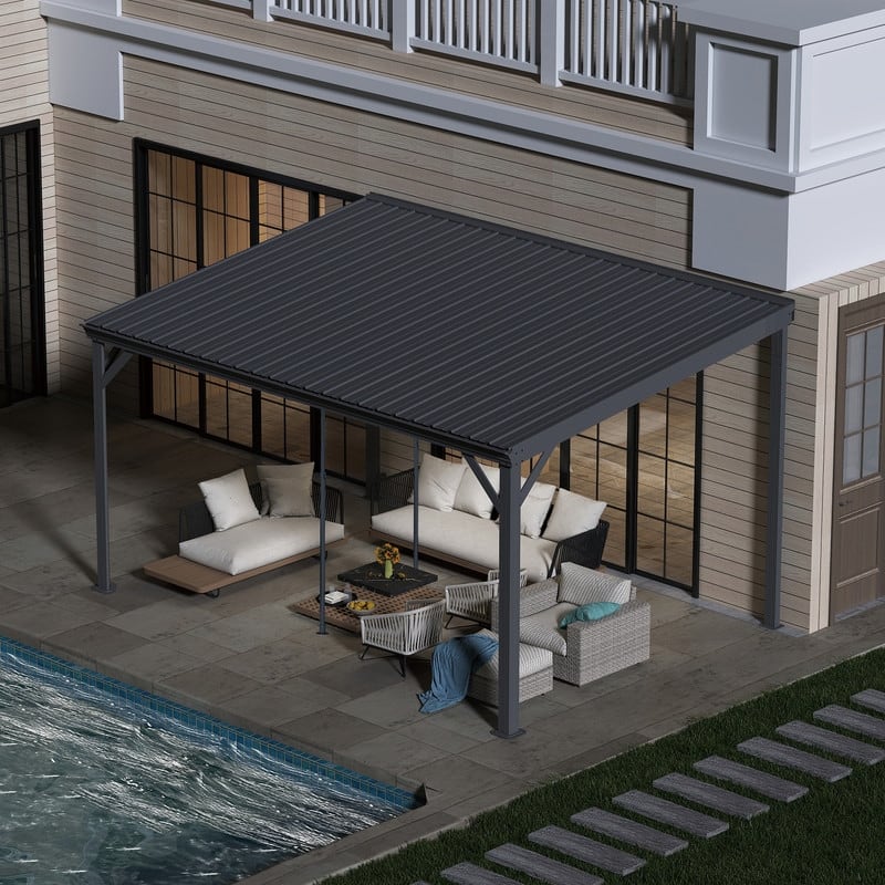 Domi Lean to Gazebo, Outdoor Hardtop Wall Mounted Gazebo with Sloping Galvanized Steel Roof