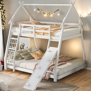 Modern Twin Over Queen Playful Design House Bunk Bed With Climbing Nets And Climbing Ramp For Bedroom