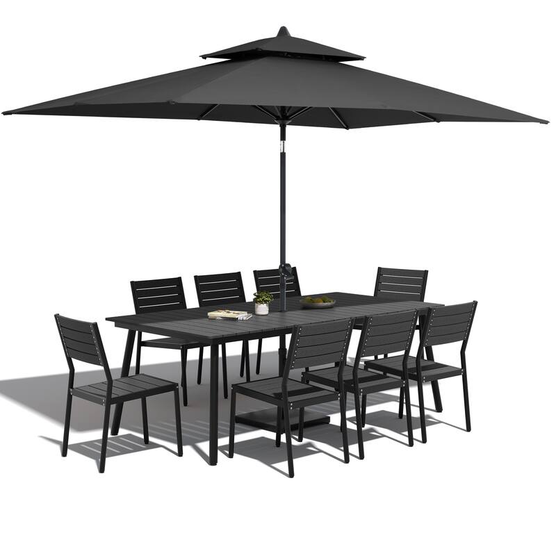11-Piece Patio Dining Set Aluminum Table and 8 Stackable Chairs w/10 ft Umbrella and Base Stand