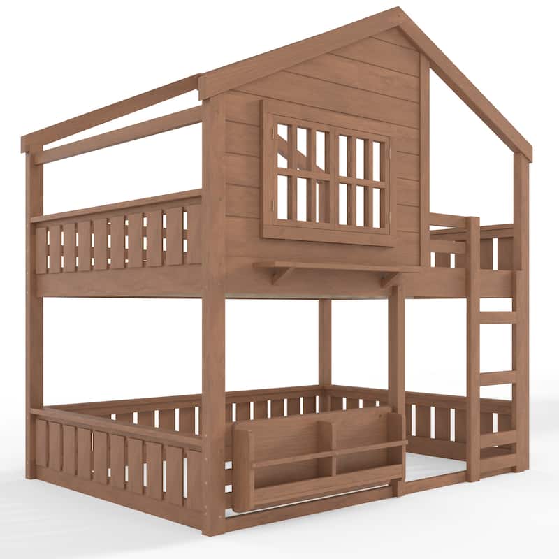 Full/Twin Bunk Bed with Bookshelf, House Design Loft Bed with Safety Fencing, High-Quality Kids Bed Frame