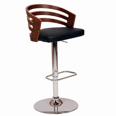 Open Wooden Back Faux Leather Barstool with Pedestal Base, Black and Brown