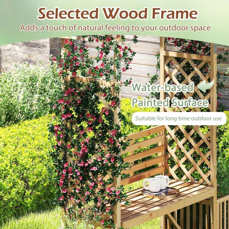 Natural Fir Wood Garden Arbor Bench with Planters Trellis Arch - 73" x 22" x 80"