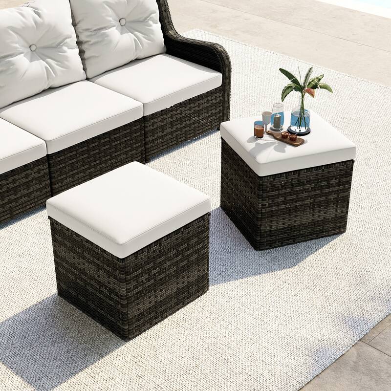 2 Set 17.7" W Outdoor Rattan Patio Square Ottoman with Cushion