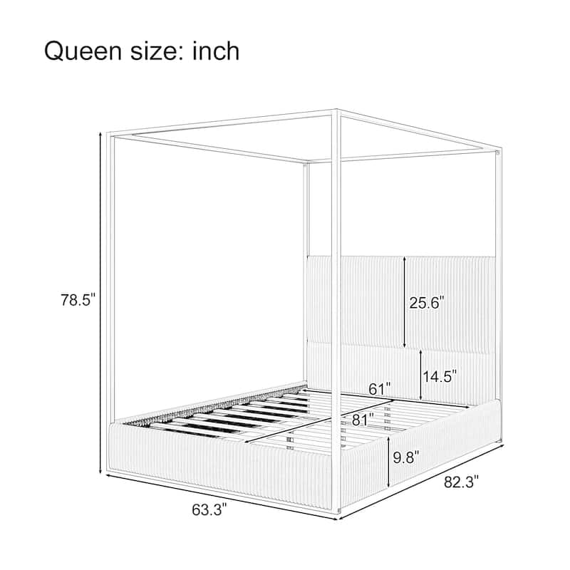 Contemporary Corduroy Upholstered Canopy Bed with Tall Headboard & Sleek Metal Frame