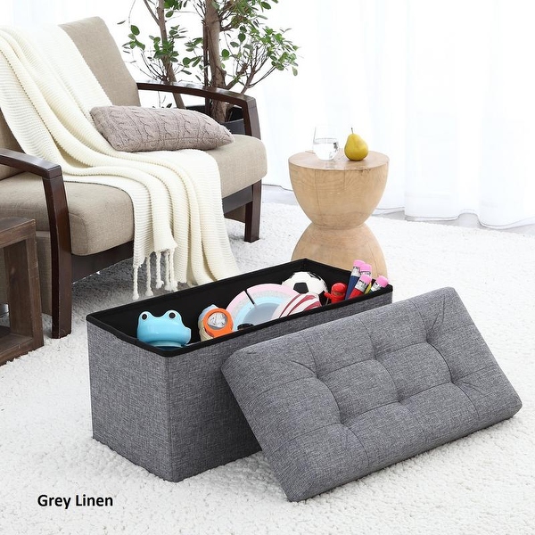 Foldable Tufted Linen Large Storage Ottoman Bench Foot Rest Stool