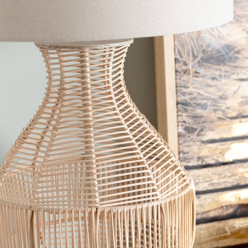 Jayce 3-Way Rattan Table Lamp with Oat Linen Lamp Shade