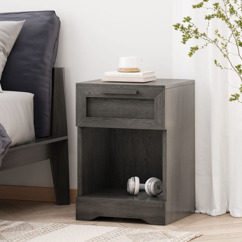 Nightstand with Single Drawer and Handles, Decorative Table with Bottom Shelf, Bedroom Coffee Table with Wooden Tabletop