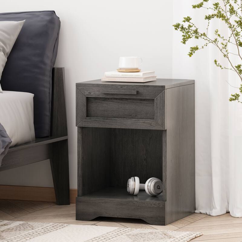 Rustic Faux Wood Nightstand with Drawer and Shelf, 1-Drawer Storage Table for Bedroom and Living Room