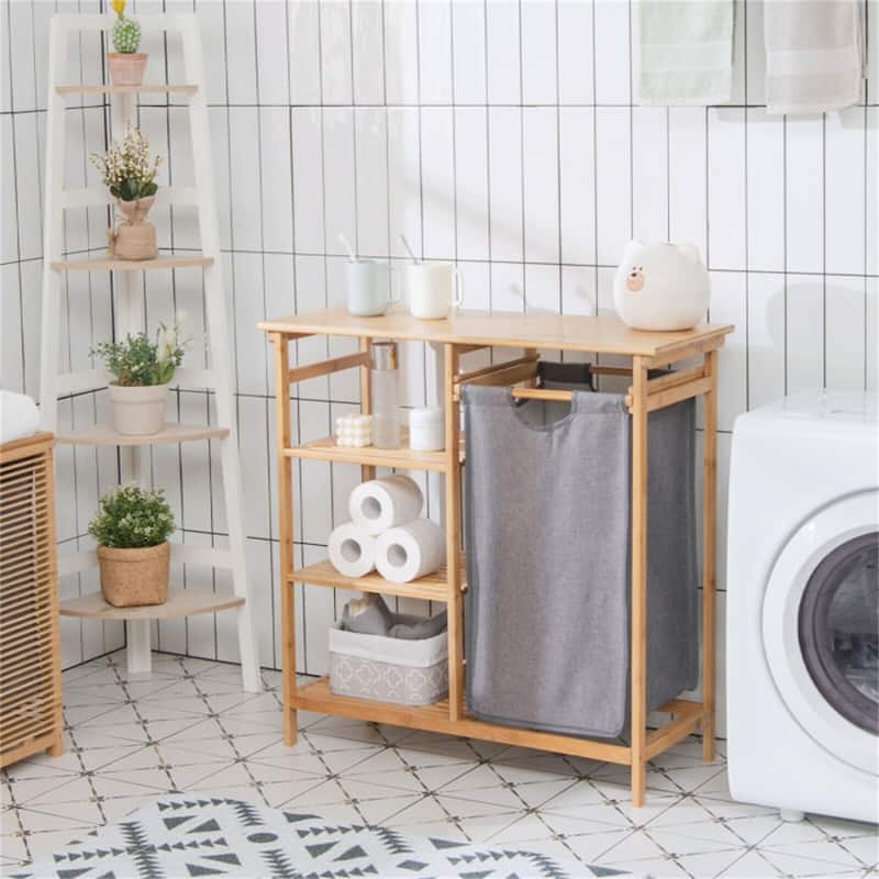 Natural Wicker Laundry Hamper Stand with Shelves & Removable Bag - 31.5" x 13.5" x 32" (L x W x H)
