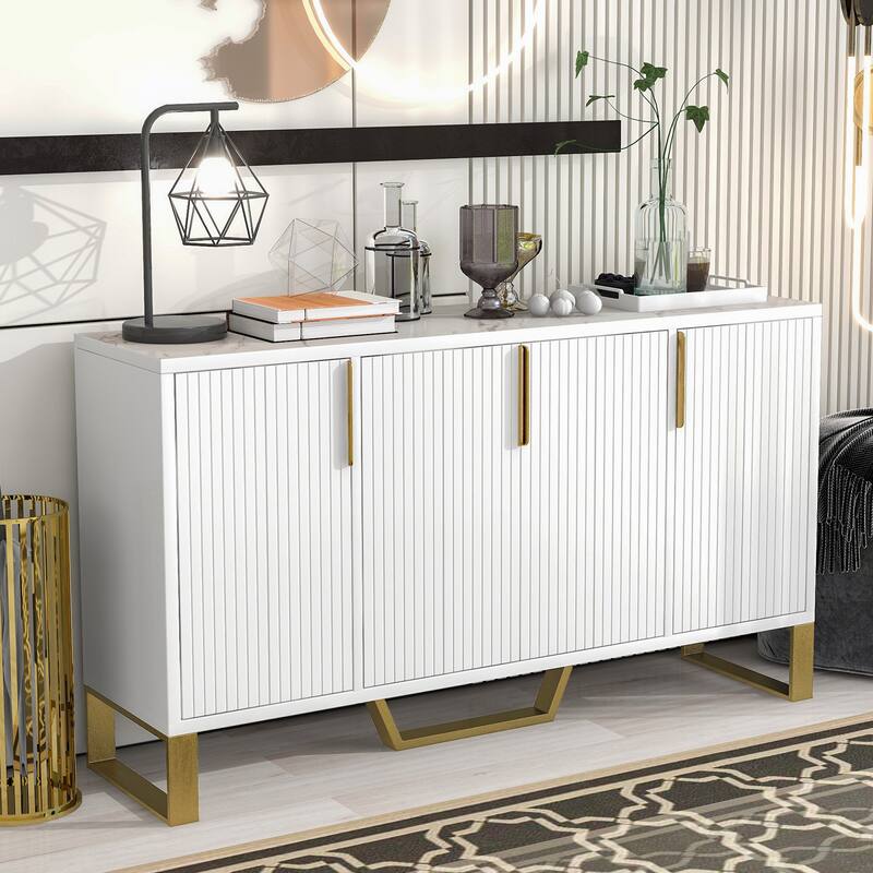 Sturdy and Stylish Sideboard Buffet Cabinet with Four Doors and Marble-Effect Top, Ideal for Kitchen and Dining Room Storage - White
