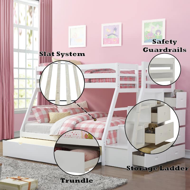 Twin over Full Wood Bunk Bed with Trundle and Built-in Storage Ladder