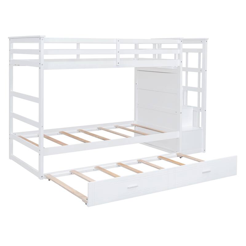 White Twin Over Twin Bunk Bed with Trundle, Staircase and Storage Drawers, Space-Saving Design