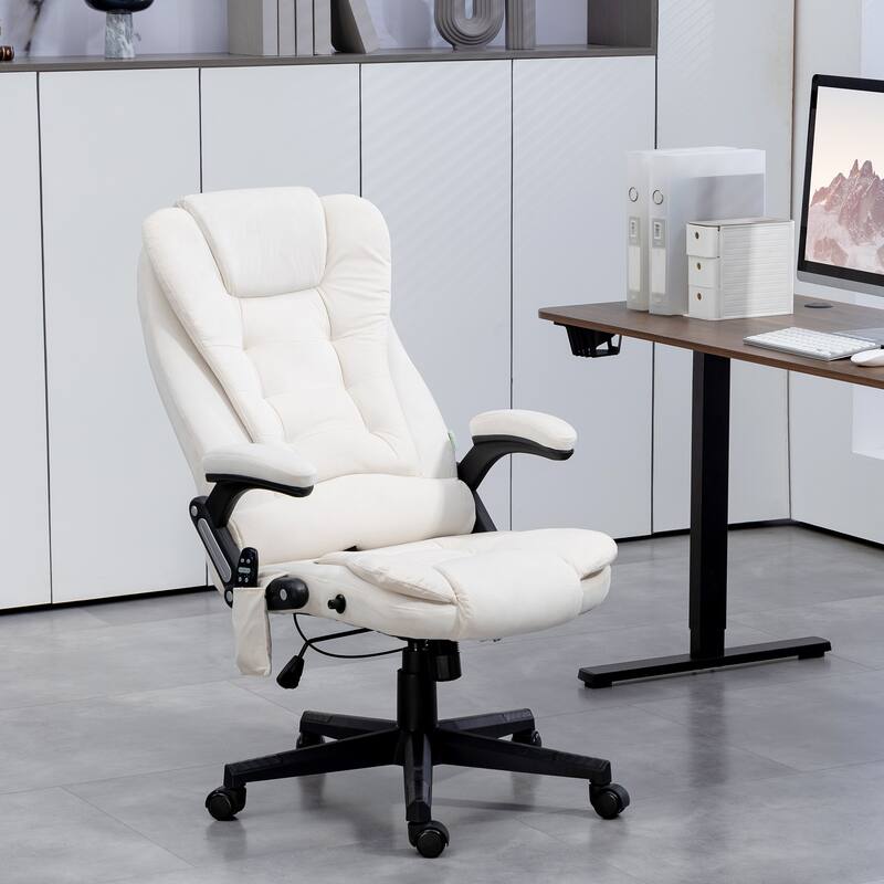 Ergonomic Massage Office Chair with Lumbar Heat and Vibration Full Body Recliner Adjustable Seat Height and Swivel Wheels - Cream White