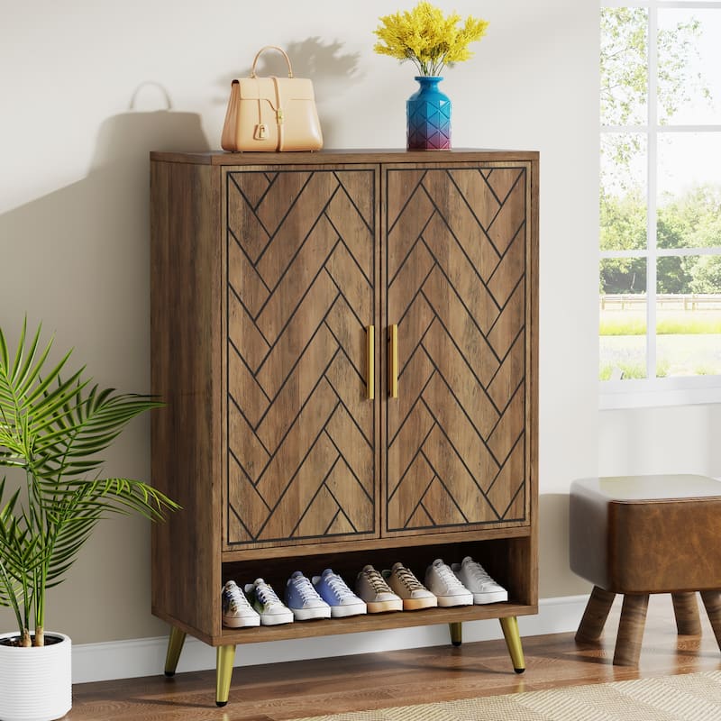 Wood and Metal 2-door Shoe Storage Cabinet with Adjustable Shelves for Entryway
