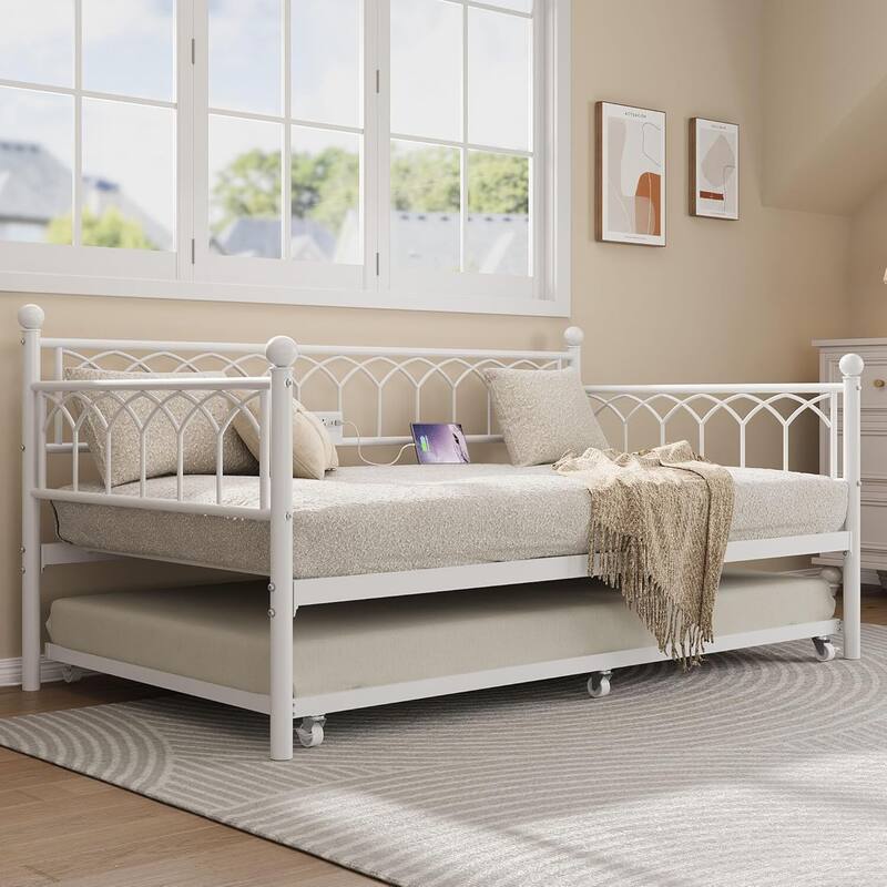 Heavy Duty Daybed, Twin Size Platform Sofa Bed Frame Set with Charging Station