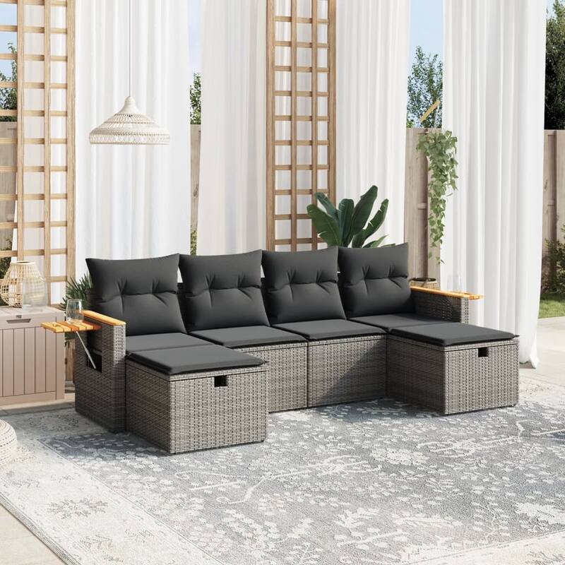 vidaXL Patio Sofa Set with Cushions Outdoor Furniture 6 Piece Poly Rattan - Gray - 24.2 x 24.4 x 27.2 in
