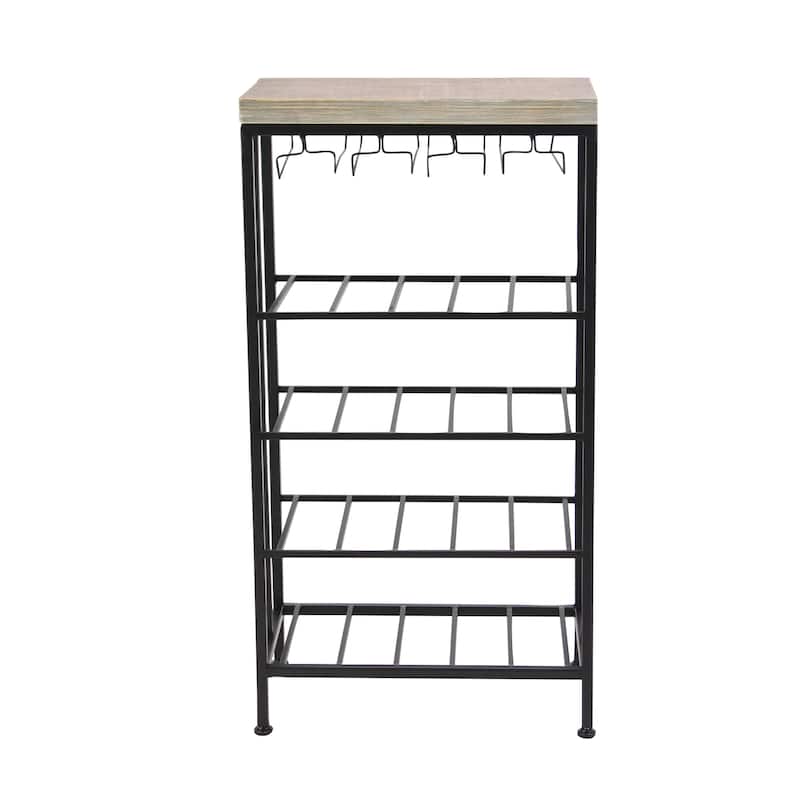 Metal Standing Wine Rack with Brown Wooden Tabletop - Black - Roche River Decor