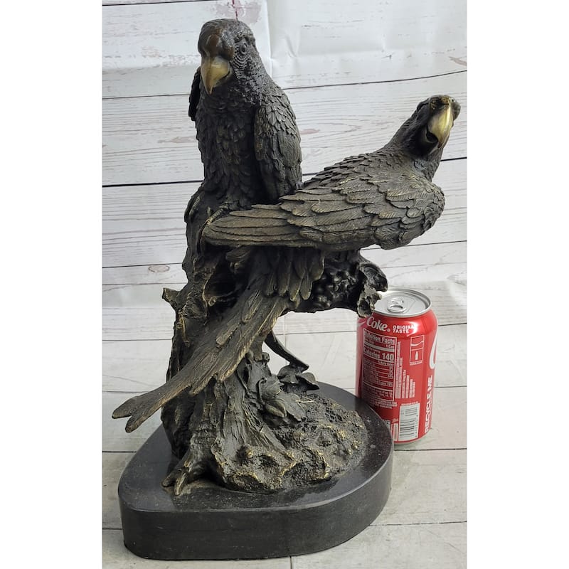 Pair Of Parrots Birds Bronze Sculpture Statue Figure On Marble Base Signed Milo