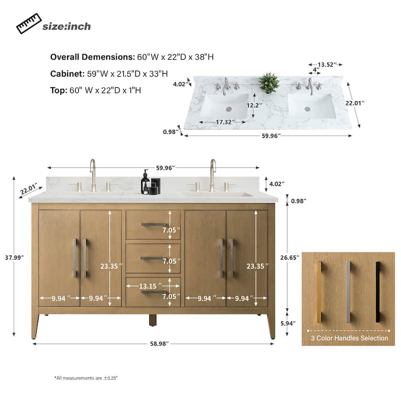 Vanity Art 60" Double Sink Bathroom Vanity Cabinet with Engineered Marble Top