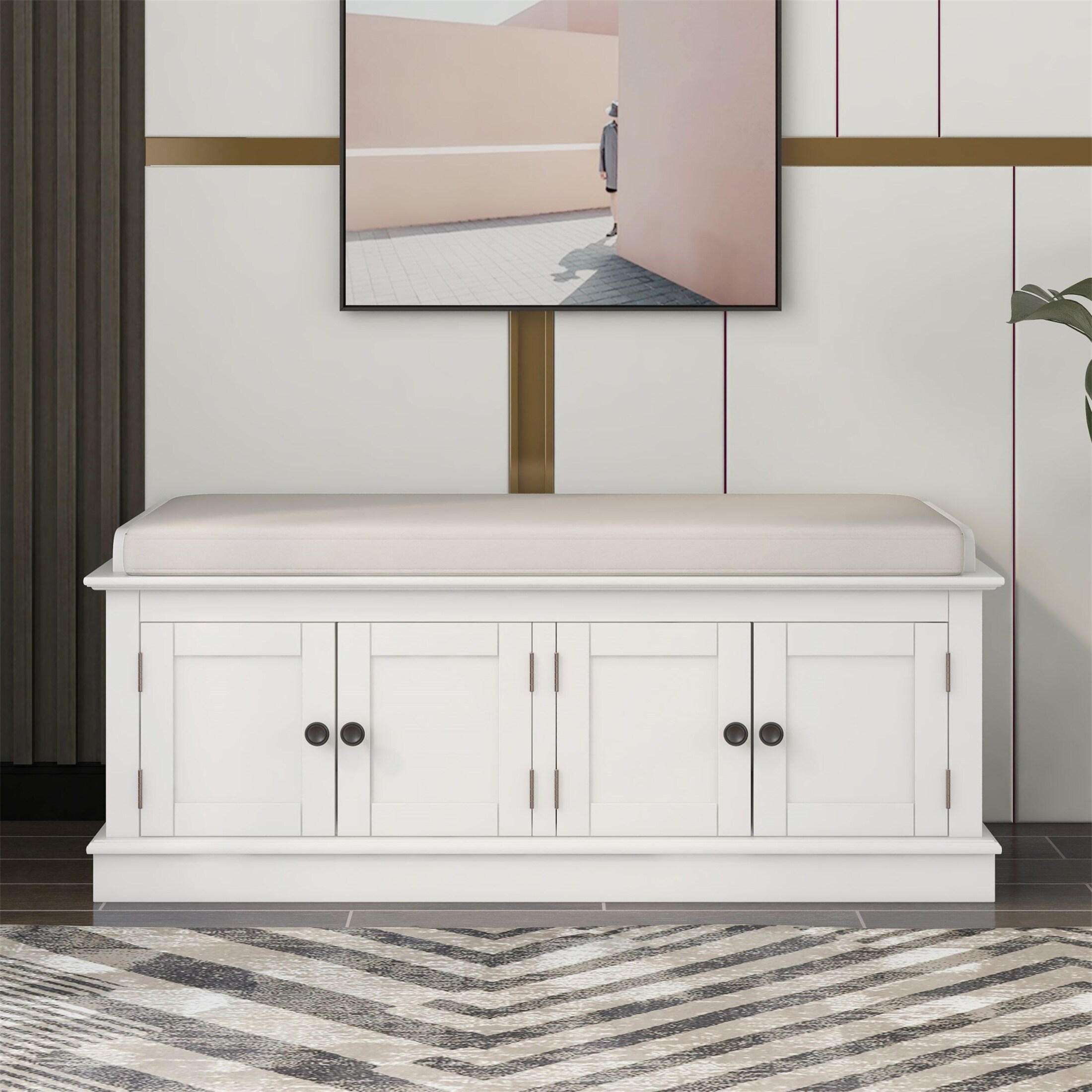 White bathroom sales bench with storage