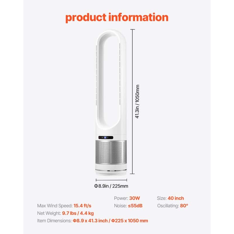 8 Speed Bladeless Oscillating Tower Fan with HEPA Filter and Low Noise for Bedroom or Living Room Use - 8.9 x 41.3 inch