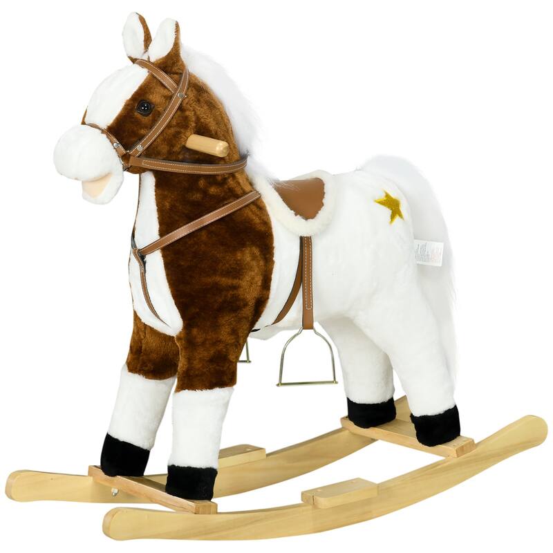 Kids Plush Rocking Horse with Authentic Neigh Sounds, Saddle, and Stirrup for 3-8 Years Old - Comfortable Velvet Fabric