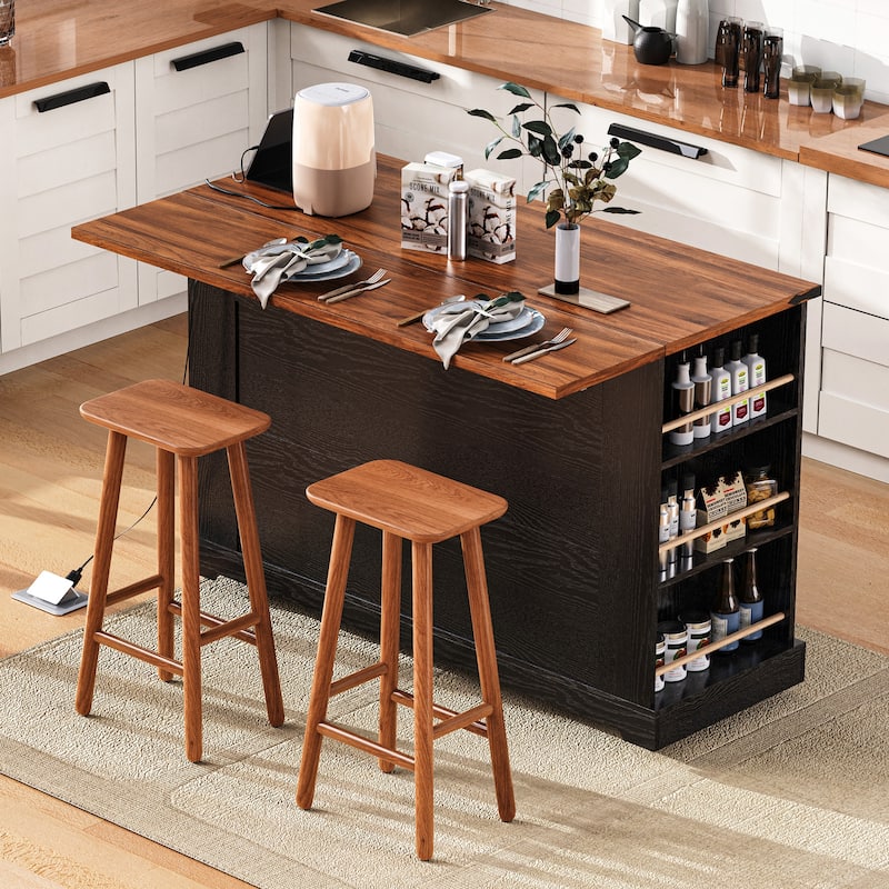 53'' Kitchen Island with Two Tempered Glass Cabinet Doors, Rolling Kitchen Cart on Wheels with Drop Leaf, Power Outlet