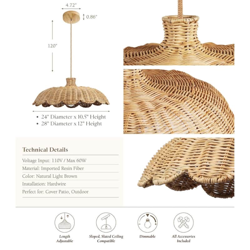 Aurelia Outdoor Rattan Pendant Light - Brown Large Dome 1-Light Handwoven Light Fixture For Modern, Boho or Tropical Room Decor