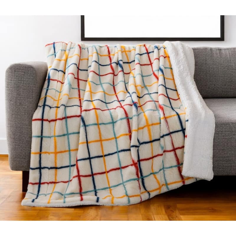 HomeRoots 50" X 60" White Yellow and Green Faux Fur Geometric Plush Throw Blanket - Throw - Green/Yellow/White
