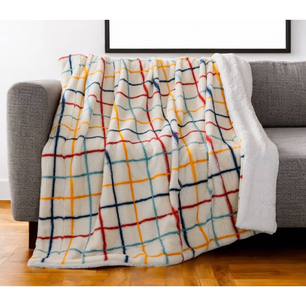 HomeRoots 50" X 60" White Yellow and Green Faux Fur Geometric Plush Throw Blanket