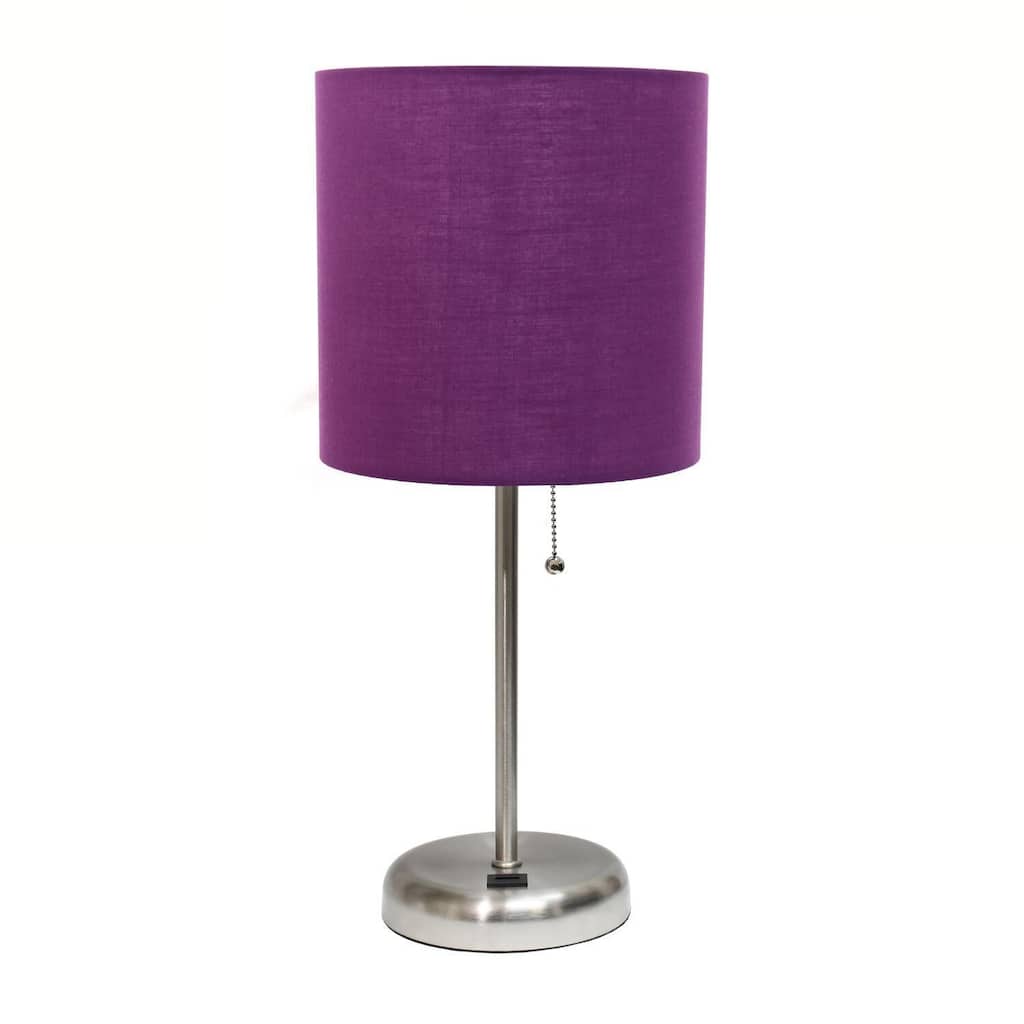 19.5 in. Brushed Steel Finish Table Lamp with Purple Shade, Durable Stick Lamp for End/Side Tables