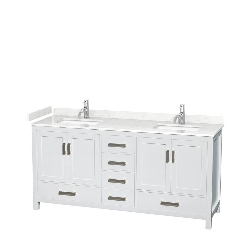 Sheffield Double Bathroom Vanity Set, Cultured Top, No Mirror - 72-Inch Double - White, Carrara Cultured Marble Top, Chrome Trim