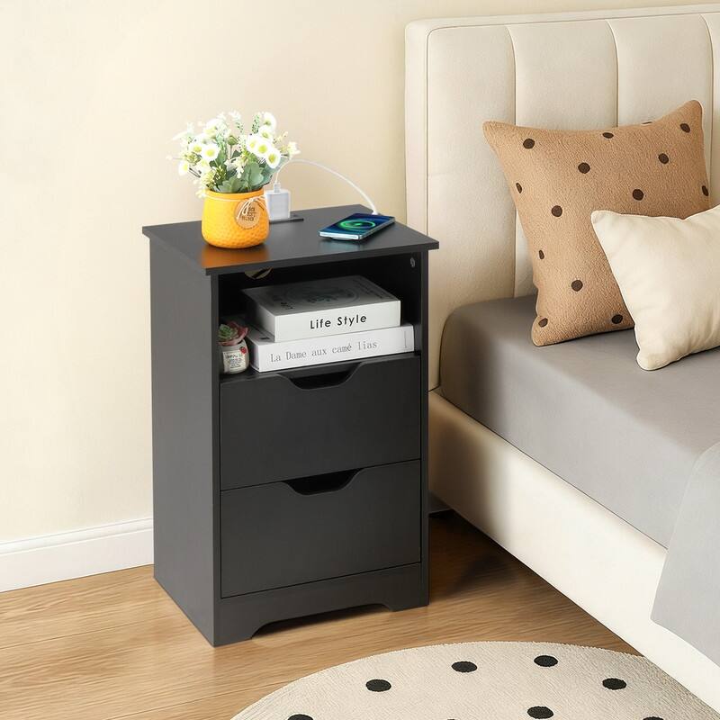 15.7"W Nightstand, P2 Particleboard, Matte Melamine, Handleless, 2 Drawers, US Outlet