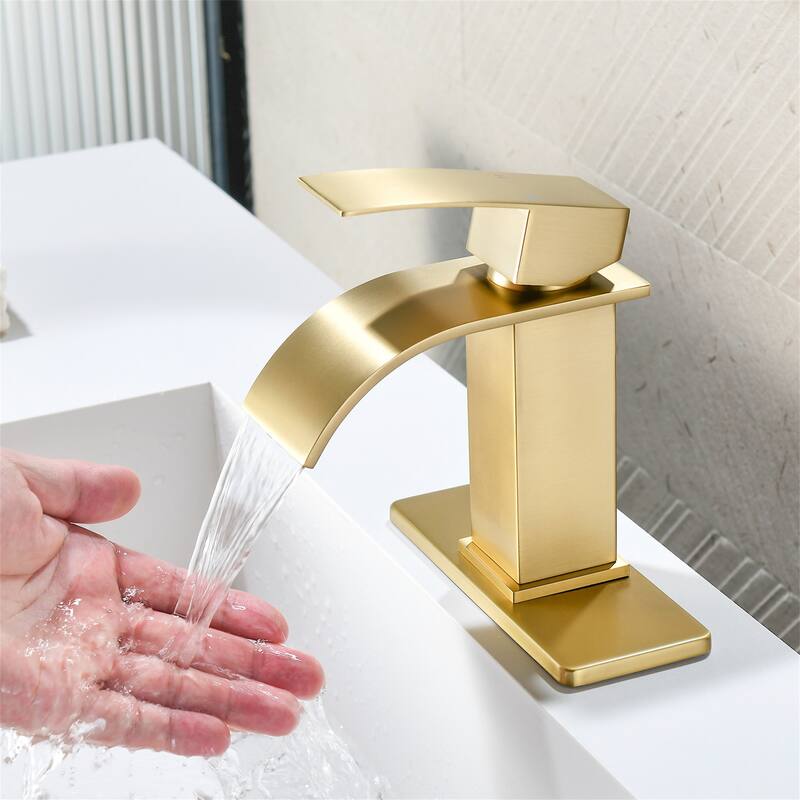 Single Handle Waterfall Bathroom Sink Faucet with Pop-up Drain 304 Stainless Steel 1 Hole Basin Vanity Faucets with Deck Plate