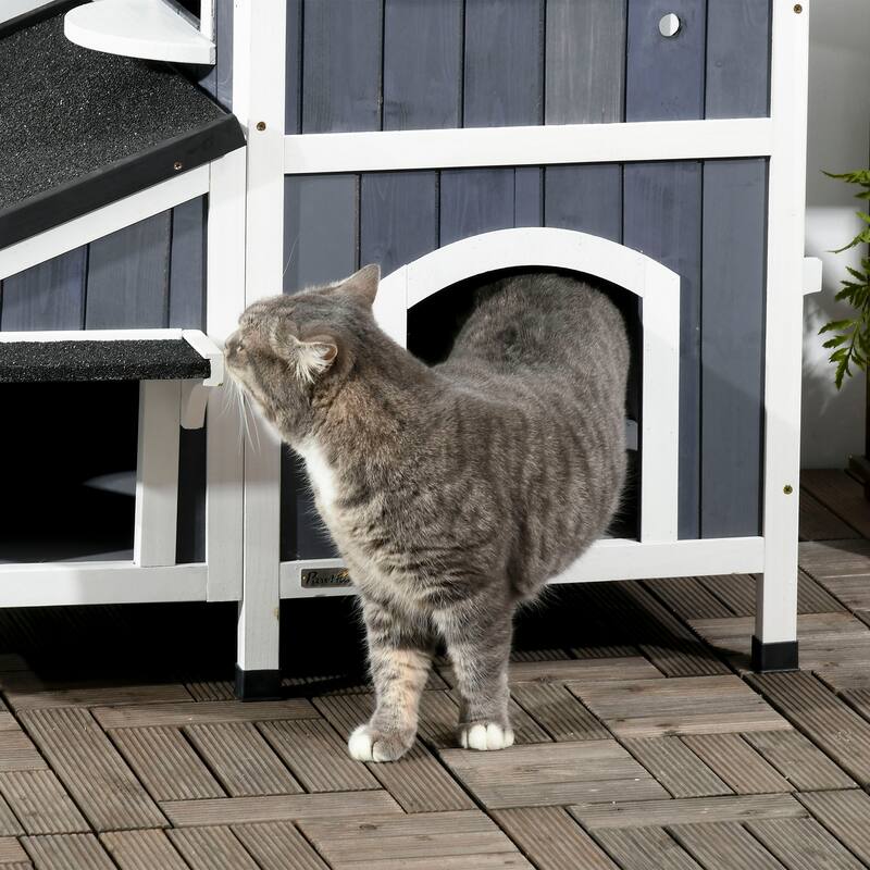 PawHut Outdoor Cat House with Weather-resistant Roof & Garden Bed, Outdoor Cat Shelter Enclosure with Multiple Entrances - Gray