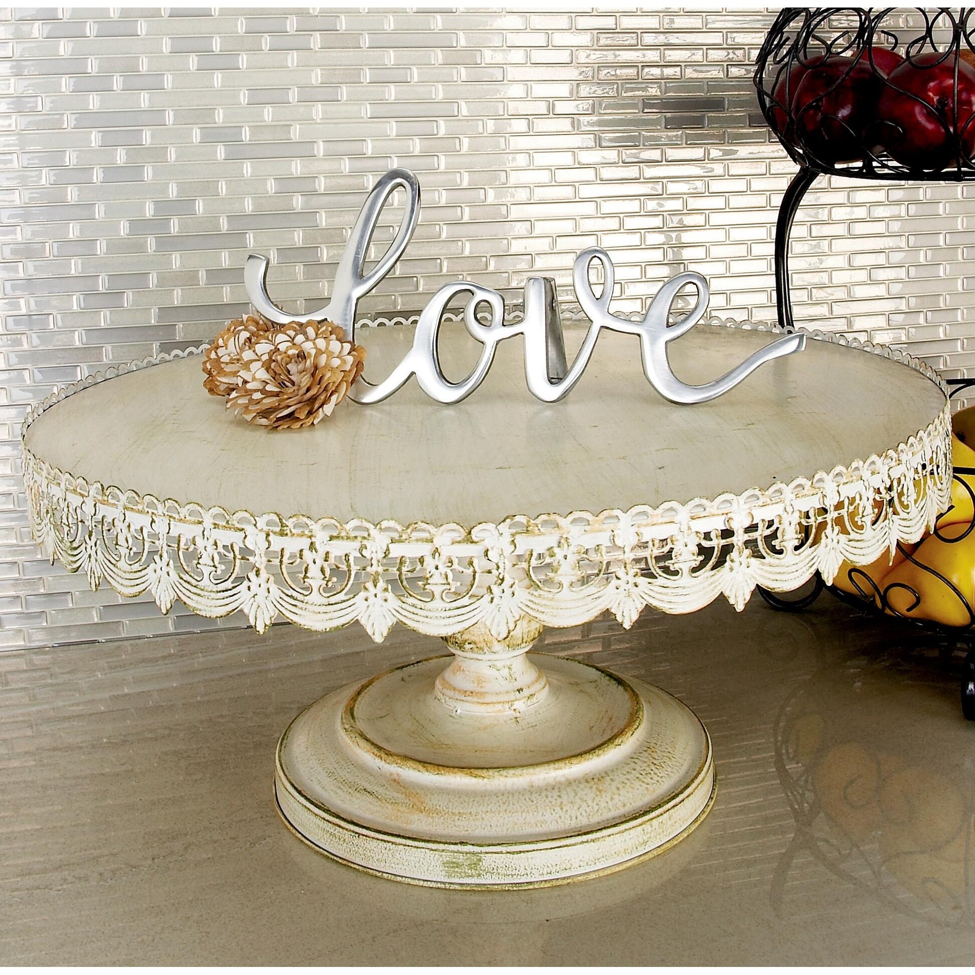 Metal Floral Cake Stand with Lace Inspired Edge - Cream