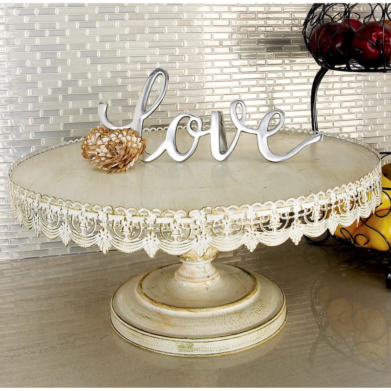 Metal Floral Cake Stand with Lace Inspired Edge - Cream - Roche River Decor