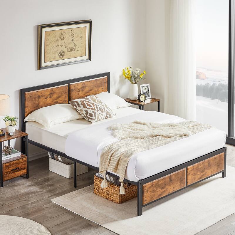 VECELO Platform Bed Frame with Wooden Headboard, Heavy Duty Steel Slats Support, No Box Spring Needed