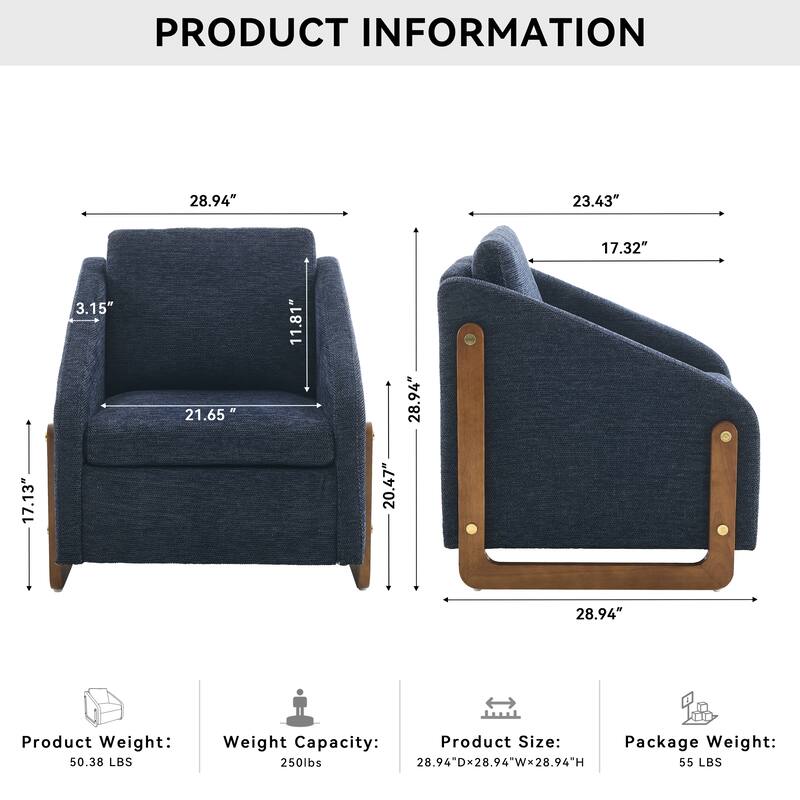 Modern Chenille Upholstered Armchair with Wooden Side Frame, Single Accent Leisure Chair with Backrest for Living Room, Bedroom