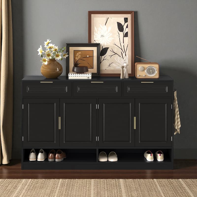 59.1" Farmhouse Sideboard Buffet with 3 Drawers, 4 Doors, Adjustable Shelf & Open Storage Compartments - Black