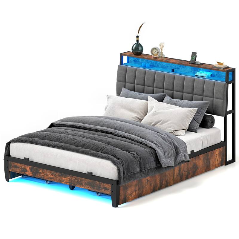 Upholstered Platform Bed with Charging Station and Storage Headboard