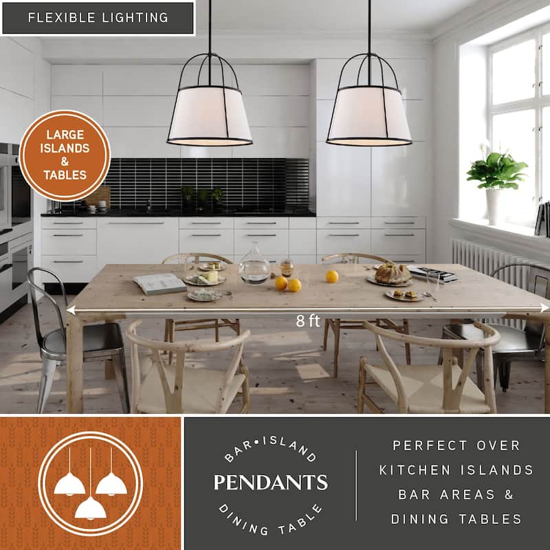 Marion 1-Light Mid-Century Modern Cone Pendant with White Fabric Shade, Adj Ht Ceiling Chandelier Dining Room Fixture