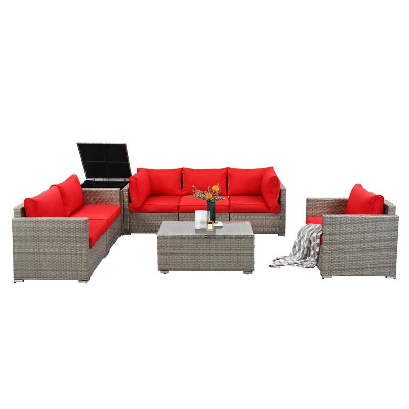 8-Pieces Wicker Outdoor Sectional Set with Glass Coffee Table and Cushions