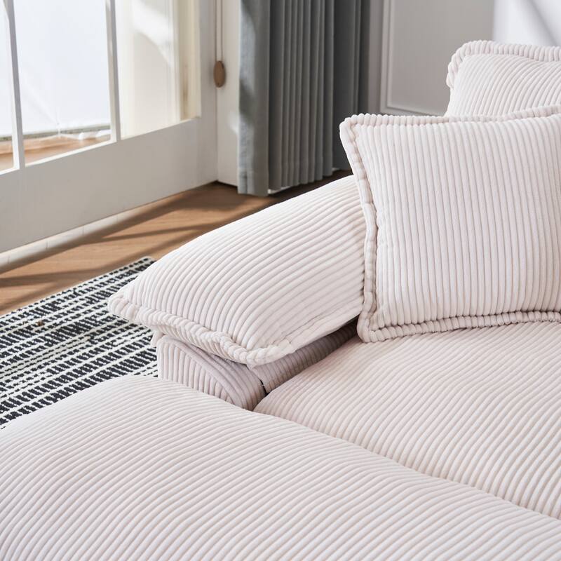 56.3 Inch White Foam Corduroy Single Sofa with 2 Pillows and Ottoman