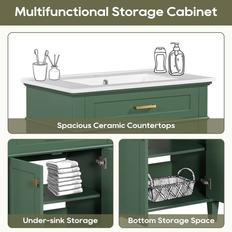 30-inch bathroom vanity with ceramic basin, soft close door and adjustable shelves