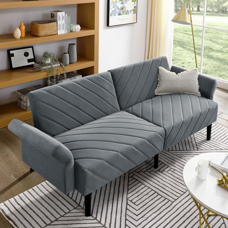 Folding Velvet Futon Sofa Bed with Adjustable Armrests for Apartments