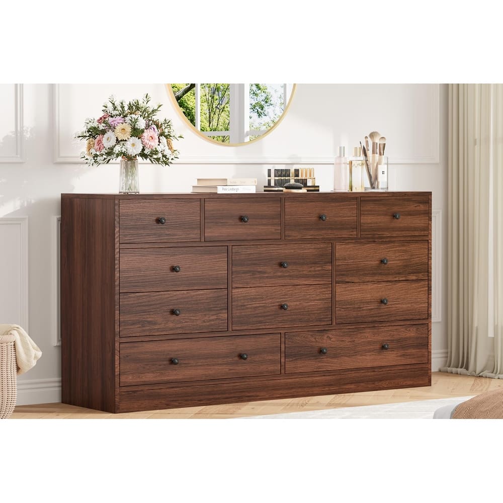 12 Drawer Dresser for Bedroom with Power Outlet, 61 Inch Wooden Storage Cabinet